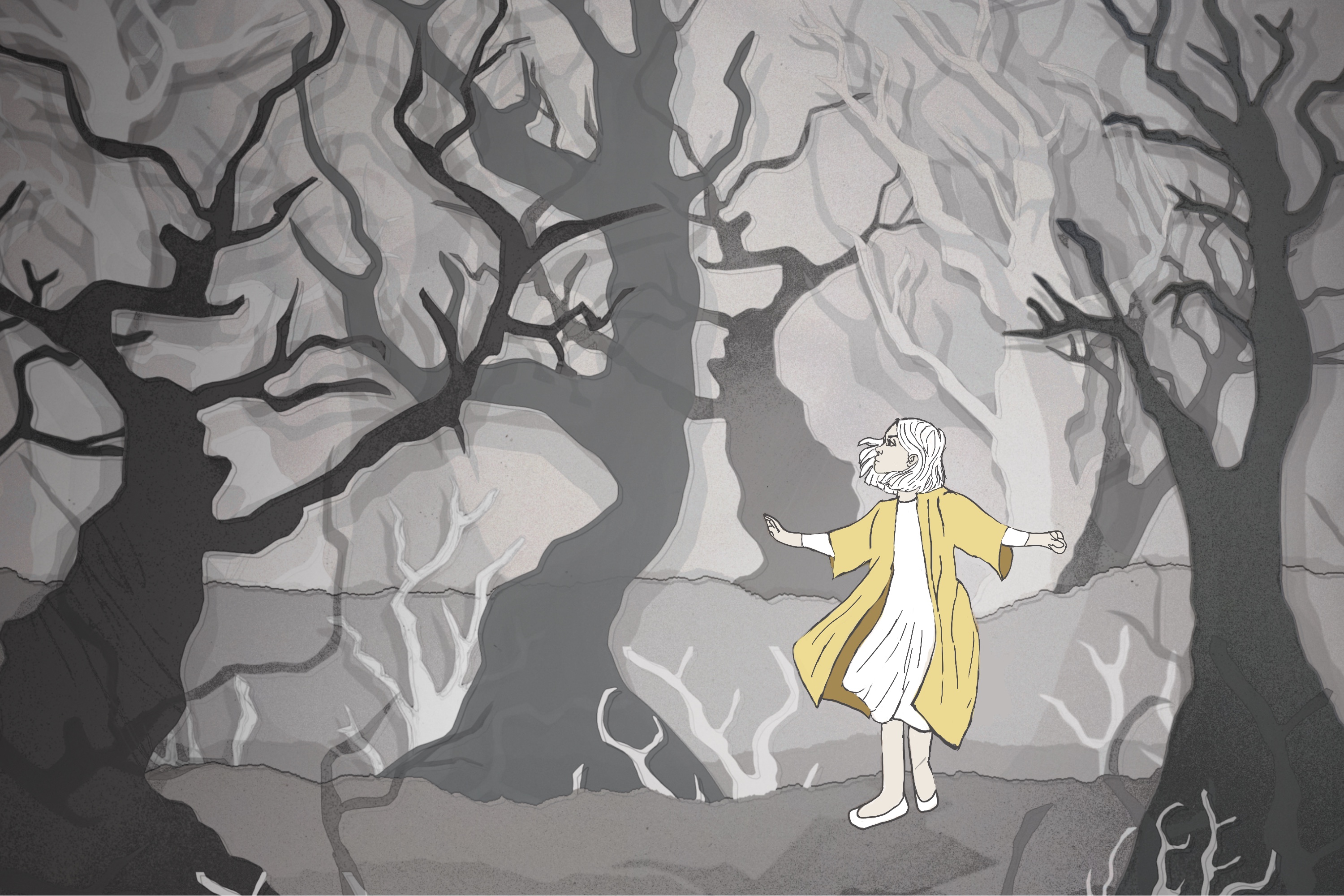 An illustration of a wind-swept, 10-year-old girl, dressed in a white dress and yellow coat, standing in a forest of wintry, grey trees